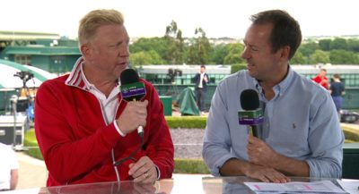 Boris Becker speaking with Craig O'Shannessy at Wimbledon